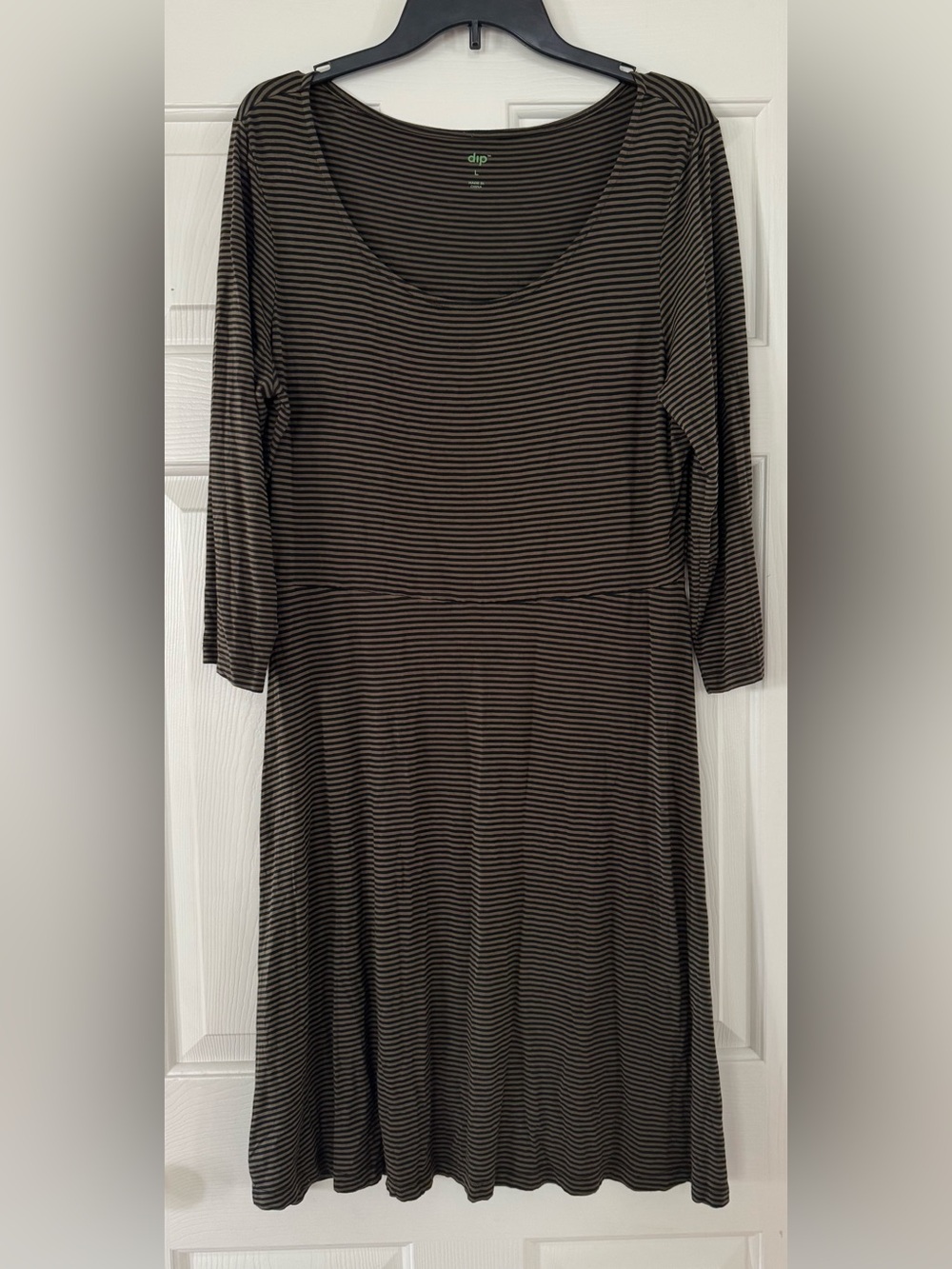 dip Scoop Neck Long Sleeve Striped fall Dress in Black and Brown large